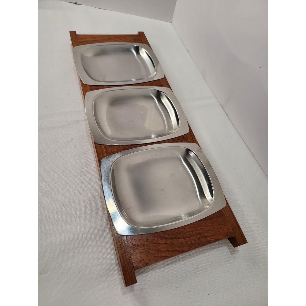 Vintage Mid Century Modern Wood Tray 3 Stainless Steel Bowls Appetizer Set S-812